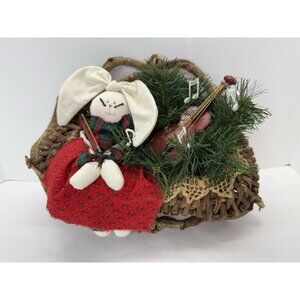 Rustic Vintage Bunny Rabbit And Violin In Wicker Basket Country Home Wall Decor